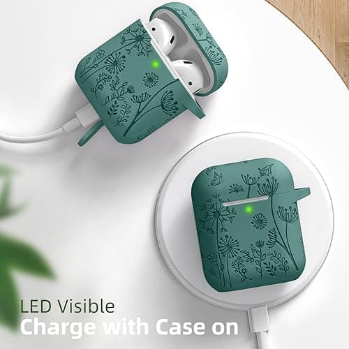 Lerobo Flower Engraved Cover for AirPods Case, Stylish Soft Silicone Protector with Keychain Compatible with Apple AirPod 1st/2nd Generation Charging Case, Front LED Visible, Pine Green 7