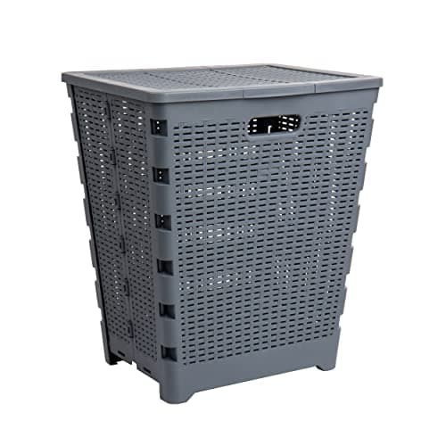 Mind Reader 61L Foldable Laundry Hamper, Clothes Basket, Lid, Wicker Design, Plastic, 18"L x 14.5"W x 21.25"H, Gray 7