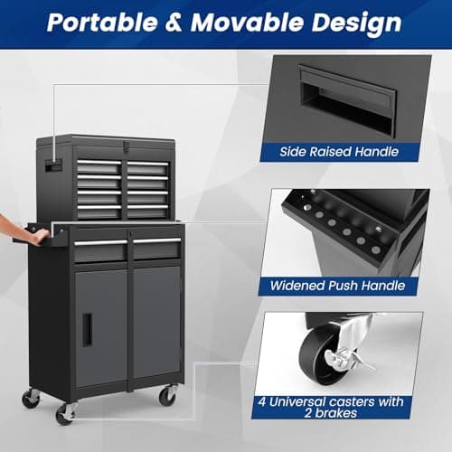 Goplus Rolling Tool Chest, 5-Drawer Tool Box Organizer w/Lockable Wheels & Sliding Drawers & Detachable Top & Adjustable Shelf, Tool Storage Cabinet for Garage Workshop(Gray) 7