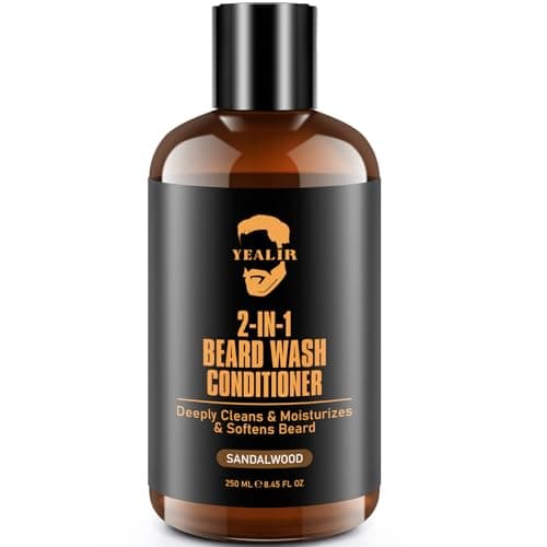 YEALIR 2-in-1 Beard Wash and Conditioner – Cleanse, Hydrate & Soften Dry, Coarse Beard, Beard Shampoo for a Fuller & Healthier Beard –Sandalwood Scent, 8.45 oz