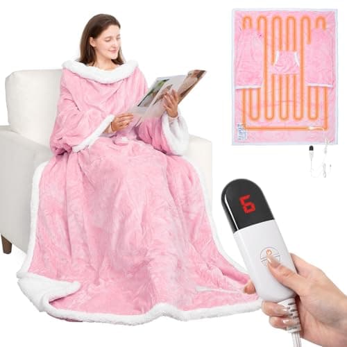 HOW'S MY HOUSE Wearable Heated Blanket with Foot Pocket, Electric Blanket with Sleeves, Flannel & Sherpa Heating Throw with 7 Heat Settings & 4 Hours Time Settings, 52" x 72", Pink