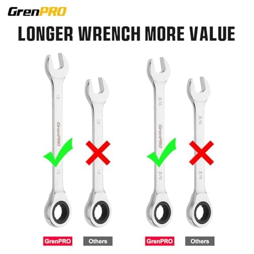 GRENPRO Ratcheting Wrench Set, Combination Wrench Set, 22-Piece SAE & Metric and Standard, 72Th Long Open End, 1/4" to 3/4" & 6-18mm, Organizer With Roll Up Pouch, CR-V Socket Mechanic Hand Tools Sets 6