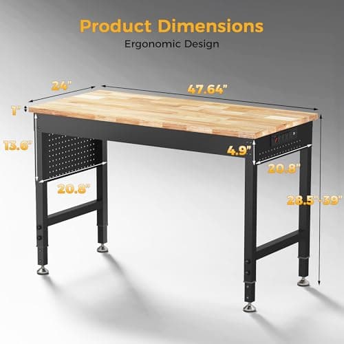 CAMMOO 47.64" Adjustable Heavy Duty Workbench, 2000 LBS Load Capacity Rubber Wood Work Table with Pegboard, Power Outlets, Work Bench for Garage, Workshop, Office, Home, Commercial 7