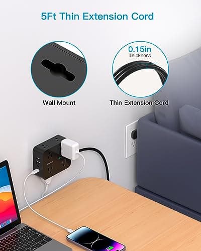 Power Strip Surge Protector, HANYCONY 5Ft Ultra Thin Flat Extension Cord with Multiple Outlets, 8 Widely Outlet Extender 4 USB Ports(2 USB C), 1080J Wall Mount for College Dorm Room Essentials Black 7