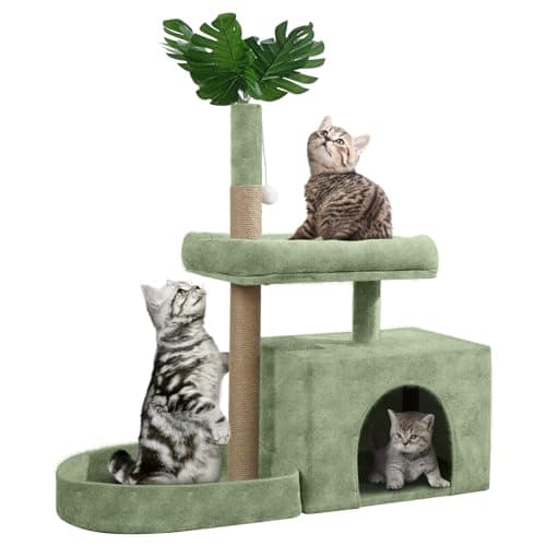 Go Pet Club 32.5" Cat Condo Tower - Cozy Plush House with Sisal Scratching Post, Hang Ball and Leaf Design, Corner Cat Stand for Kittens (Green)