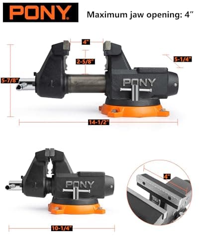 PONY 4 Inch Heavy Duty Bench Vise 4400LBS Clamping Force, Pro Workshop Workbench Vise with 360-Degree Rotatable Base and Anvil, 4-Inch Jaw Opening and Width for Woodworking, Drilling, Pipe Cutting 6