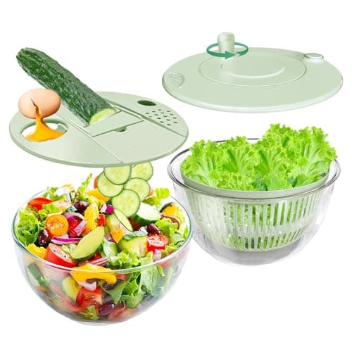 Airpro Salad Spinner Large, Vegetables Fruits Wash Bowl,Lettuce Spinner Pasta and Fries Dryer with 5 Blades,Egg Yolk Strainer Slicer Shredder for Kitchen Colander, 5.3 Qt, Green White 8