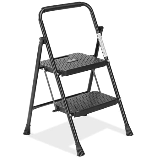 2 Step Ladder Foldable, Sturdy Step Stool Ladder with Anti-Slip Pedal, Portable Lightweight Folding Step Tool, Black