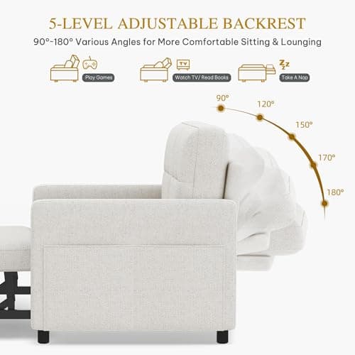 DWVO 55" Convertible Sofa Bed, 3-in-1 Sleeper Sofa with Pull-Out Bed, Linen Futon Couch with Adjustable Backrest and Side Pocket, Modern Loveseat for Living Room Apartment, Light Beige 6