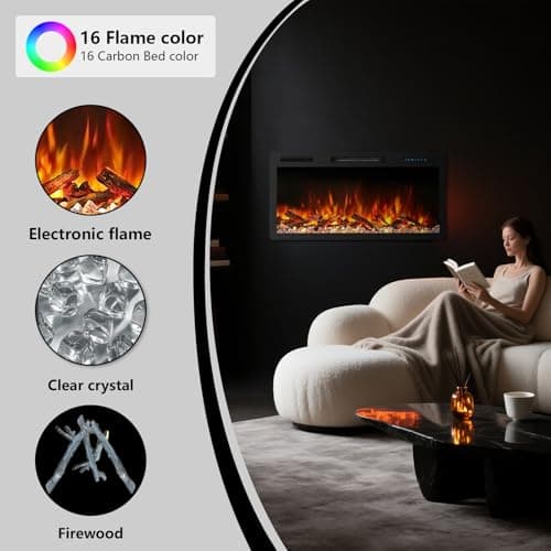 Pixelora Electric Fireplace Inserts Modernos - Wall Fireplace With App/Remote/Touch Control & Child Lock, 750w/1500w Heater 7 Flame Speed/Brightness, 12 Colors And 5 Realistic Fire Sound For Bedrooms 5