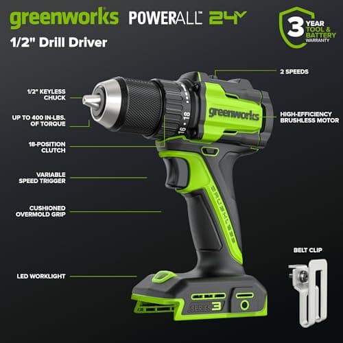 GREENWORKS 24V 1/2" Brushless Cordless Drill (400 In-lbs.), 2.0Ah (12,000mAh Power Bank) USB-C Batteries, 3.3 FT Braided Cable, 30W Charger 5
