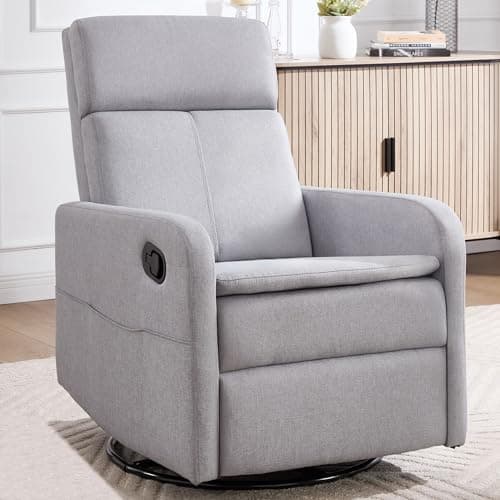 Ketaiyou Swivel Rocking Recliner Chair for Adults, Rocker Nursery Glider Chair for Living Room Bedroom, Upholstered Fabric Reclining Single Sofa Chair(Light Grey)