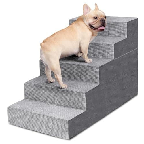 Heeyoo Dog Stairs for Small Dogs,5-Step Dog Steps for High Bed and Couch, High-Density Foam Pet Steps with Supporting Board, Non-Slip Removable Washable Cover, Grey