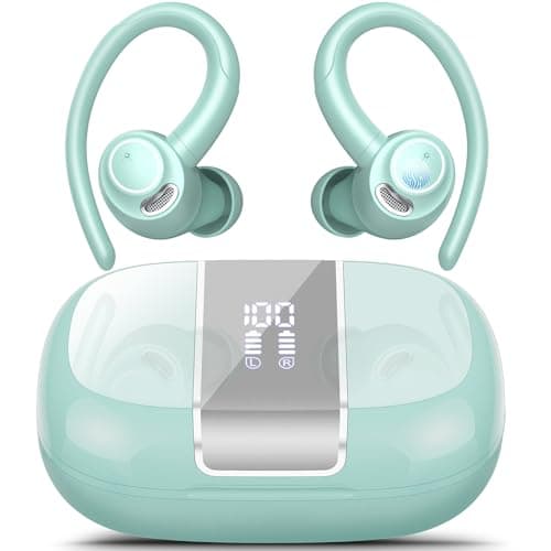 Wireless Earbuds Bluetooth 5.3 Headphones Sports, 48Hrs Playtime Bluetooth Earbuds with CVC 8.0 Mic, Stereo Bass Over Ear Bud with Earhooks, LED Display, IP7 Waterproof Earphon for Running Misty Blue