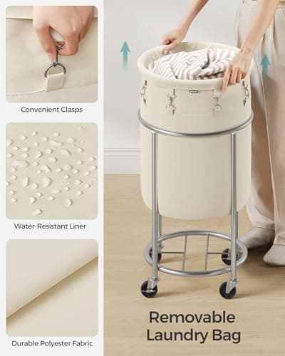 SONGMICS 18.5-Gallon (70 L) Laundry Basket with Wheels, Rolling Round Heavy-Duty Laundry Hamper Cart with Steel Frame and Removable Bag, 2 Locking Wheels, Cream White and Metallic Silver URLS006W01 5