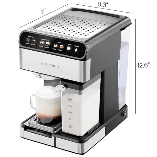 Chefman CaféMaster Pro Espresso Machine, Brew Single or Double Shots, Coffee Maker with Built-In Milk Frother for Cappuccino & Latte, XL 1.8 Liter Removable Water Reservoir - Stainless Steel 8