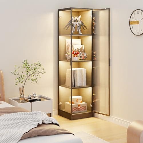 BROTTAR Corner Display Cabinet with Doors, 4-Tier Curio Cabinet for Collectibles, Display Case with 3 Color Light, Storage Cabinets with Door, Bookcase with Human Body Sensor, Black (15.7" W) 7