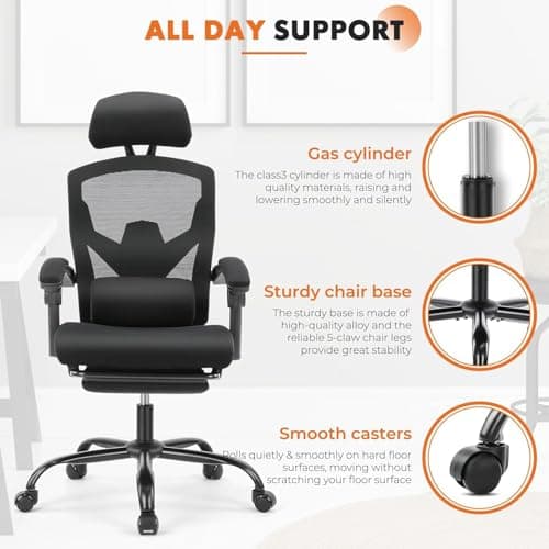 Sweetcrispy Office Computer Desk Chair, Ergonomic High-Back Mesh Rolling Work Swivel Chairs with Wheels, Comfortable Lumbar Support, Comfy Arms for Home, Bedroom, Study, Student, Black 8