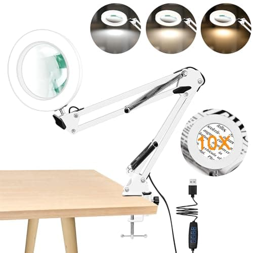 Hviww 10X Magnifying Glass with Light and Clamp, Real Glass LED Lighted Magnifier, 3 Color Modes 10 Level Dimmable, Magnifying Lamp with Clamp for Reading Craft Hobby Close Work, White