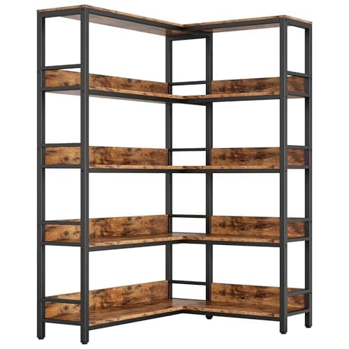 IRONCK Corner Shelf 5 Tiers 70LB Capacity L-Shaped Bookshelf with Baffles and Metal Frame for Home Office Living Room Kitchen Storage and Display