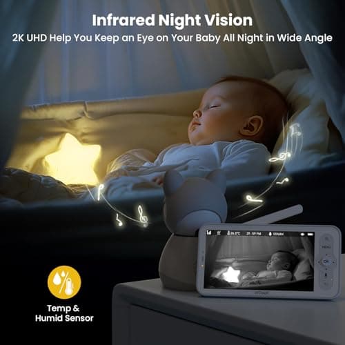 ieGeek Baby Monitor with 5" HD Screen, 2K Camera & Night Vision – WiFi/No-WiFi Dual Mode, PTZ, Cry/Motion Detection, 2-Way Audio, Temp/Humidity Sensor, Auto Tracking, Secure App & Remote Contro 5