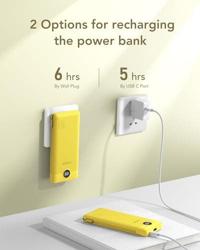 VEGER Portable Charger with Built-in AC Plug and Cables, All in One 10000mAh Ultra Slim Power Bank Travel Essentials, Fast Charging Battery Pack Compatible with iPhone, Samsung, Android (Yellow) 5