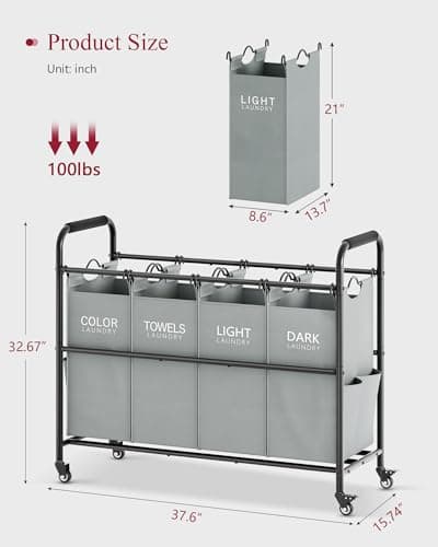 Tajsoon 4 Bag Laundry Sorter Cart, 4 Section Laundry Hamper Sorter with Heavy Duty Lockable Rolling Wheels, Laundry Separator Hamper with Removable Bags for Dirty Clothes Storage, Grey 7
