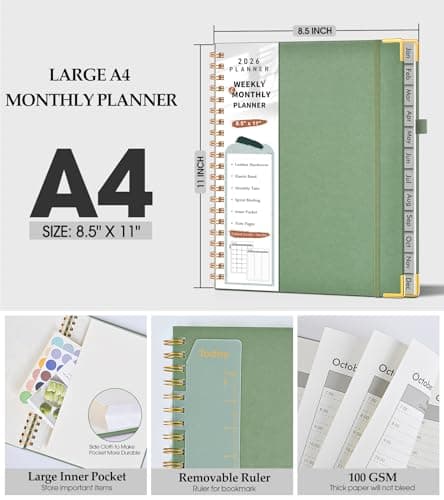 2026 Planner, Weekly and Monthly Calendar Planner from January 2026 - December 2026, 8.5" x 11" Hardcover Leather Hourly Appointment Book with Tabs, Spiral Daily Planners for School Work Home, Green 5