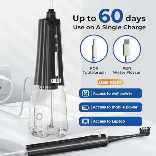 KUEIOX Electric Toothbrush with Water Cordless Flosser, 320ML Portable Travel Water Dental Flosser for Teeth with 5 Modes & 6 Jet Tips & IPX7 Waterproof for Teeth Cleaning and flossing (Black) 6