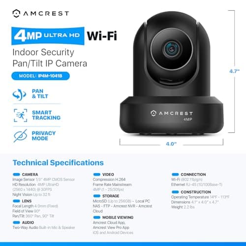 Amcrest 4MP ProHD Indoor WiFi, Security IP Camera with Pan/Tilt, Two-Way Audio, Night Vision, Remote Viewing, 4-Megapixel @30FPS, Wide 90° FOV, IP4M-1041B (Black) 8