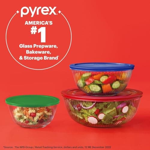 Pyrex Sculpted (3-Pack) Glass Mixing Bowls Set With Plastic Lids For Prepping, Baking and Cooking, Preheated Oven, Dishwasher, Freezer, and Microwave Safe 5