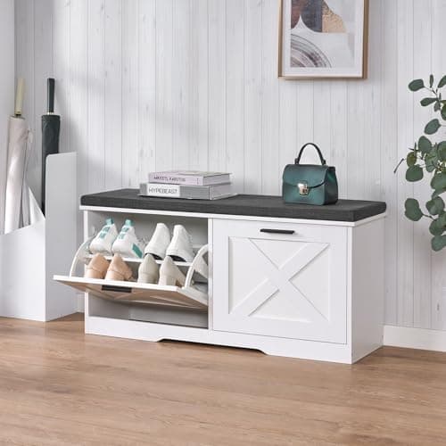 Homleke Shoe Storage Bench with 2 Flip Drawers, Entryway Bench with Padded Seat Cushion, Shoe Cabinet with 2 Barn Doors, 11.8" D x 39.4" W x 18.4" H, for Entryway, Living Room, Bedroom, White 7
