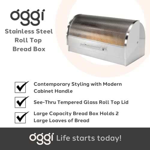 Oggi Stainless Steel Roll Top Bread Box for Kitchen Countertop with Tempered Glass Lid - Fits Multiple Large Loaves of Bread and Other Freshly Baked Goods Including Cookies, Bagels, Muffins 7
