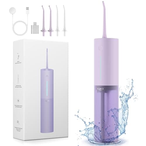 Cordless Water Flosser for Travel,Water Dental Flosser Pick for Teeth, IPX7 Waterproof Electric Water Dental Flosser, 3 Modes 4 Replaceable Jet Tips, Rechargeable Oral Irrigator (Purple)