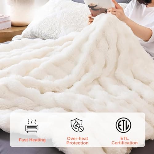 Electric Heated Blanket Throw 50"x60" White Ultra Soft Luxury Fluffy Faux Rabbit Fur Machine Washable 6 Heat Settings 4 Hours Auto Off Overheat Protection for Home Office Use 6