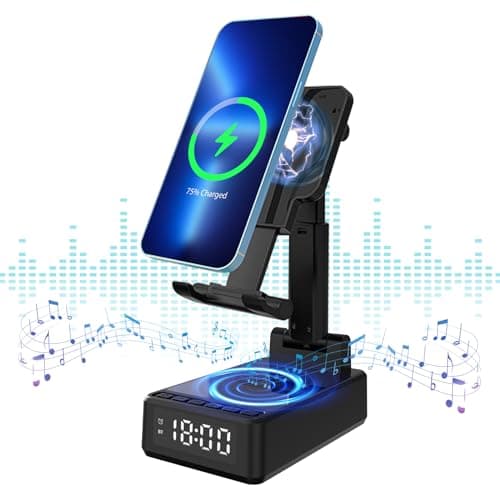 SHGUMITE Cell Phone Stand with Wireless Bluetooth Speaker 15W Wireless Charging, HD Surround Sound and Alarm Clock Bluetooth Speaker Holder for Phone, Tablet, Gifts for Men Women Dad (Black)