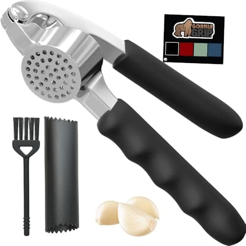 GORILLA GRIP Garlic Press and Peel Set, Heavy Duty Mincer Tool, Easily Mince and Crush Garlics, Ginger, Nuts, Seeds, Ergonomic Handle, Peeler Included for Peeling Cloves, Kitchen Gadgets, Jet Black