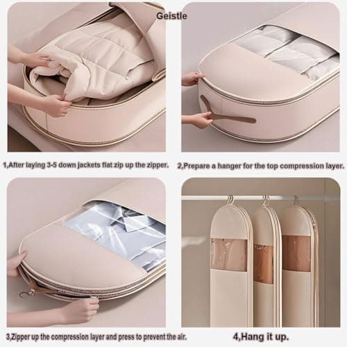 Space Saving Hanging Garment Bag with Self Compression Zipper,Space Saver Closet Organizers,Dust Cover Clothes Bags for Down Coat (Beige, Large) 8