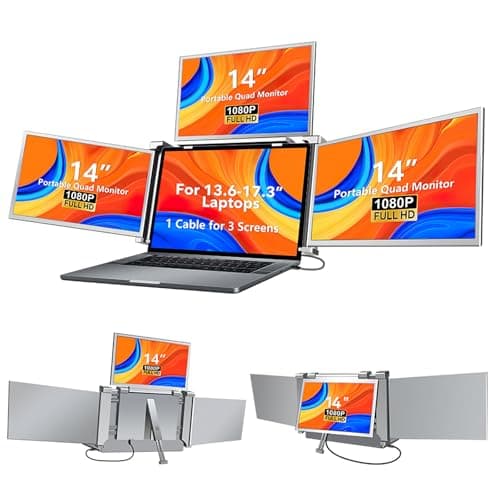Anyuse 14 Inch Laptop Screen Extender,FHD 1080P IPS Portable Quad Monitor for 13.6-17.3" Laptops Foldable Monitor，One Cable for Three Displays, Extender Compatible with Wins/Mac(M1 M2 M3)