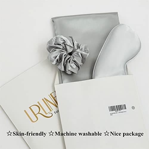 URLINENS Satin Pillowcase for Hair and Skin, Vegan Silk Pillowcase Set-2 Satin Pillowcases, 1 Eye Mask, 1 Scrunchie-Luxury Sleep Set, Silver Gray Pillow Cases with Envelope Closure Standard Size 7