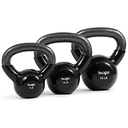 Yes4All Kettlebells 5 10 15 lbs Set Weight Vinyl Coated Cast Iron for Dumbbell Weights Exercises, Gym, Fitness, Full Body Workout Equipment Push up, Grip and Strength Training, Black