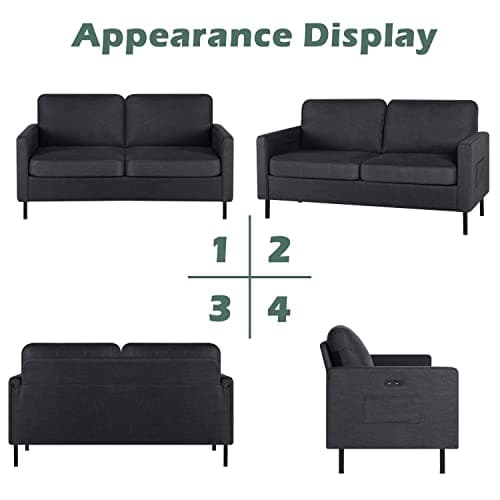 STHOUYN 56" W Fabric Loveseat Sofa with 2 USB, Small Couches for Living Room, Bedroom, Office, Easy Assembly & Comfy Cushion, Dark Grey 7