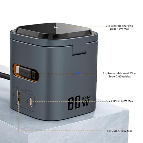 Sanpyl 6 in 1 Wireless Charging Station, GaN 80W Wireless Charging Cube with Retractable Cord Support Smartphones Headphones Charging (US Plug) 9