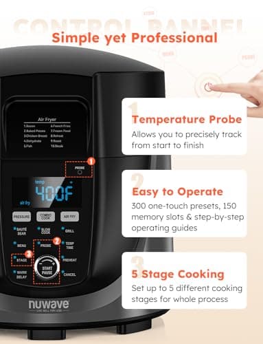 Nuwave Duet Electric Pressure Cooker & Air Fryer Combo, 450 IN 1 Slow Cooker & Grill with Integrated Digital Temp Probe, 6qt SS Pot, Adjustable High/Low Pressure, Built-in Sure-Lock Safety Tech 8