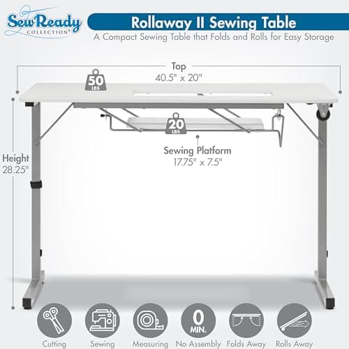 Rollaway II Compact Portable Folding Sewing Table, Silver/White 3