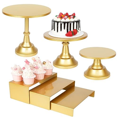 6PCS Cake Stand Set, Gold Metal Cake Stands for Party, Dessert Table Display Set, 3 Size Round Cake Pedestal Stand with Cupcake Risers Stands, Dessert Cake Holders for Weddings, Birthday, Baby Shower