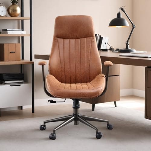 Mid Century Modren Office Chair - Suede Fuax Leather Brown Executive Chairs Ergonomic High Back with Lumbar Support, Swivel Computer Desk Task Chair with Wheels for Home Office,350lbs