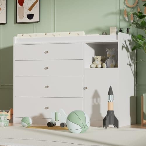 QUNTTINA Nursery Dresser Changing Table Dresser with Changing Table Top Baby Diaper Changing Station with 5 Drawers for Infants Chest Storage Changing Station Nursery Organizer,White 7