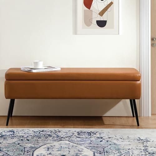 kinmars Leather Storage Ottoman Bench,End of Bed Bench for Living Room Bedroom Dinning Room Entryway,Mid-Century Modern, with Steel Legs,Safety Hinges, Loads 660 lb (Without Button, Brown) 6