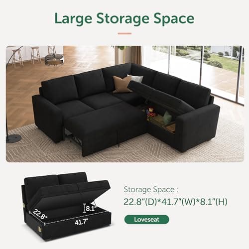 HONBAY Sectional Sleeper Sofa with Pull Out Bed, Velvet L Shaped Couch with Storage Seat, Modular Sectional Couches for Living Room, Black 5